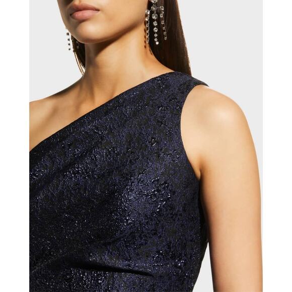 Rickie Freeman Teri Jon Navy One-Shoulder Jacquard Side-Ruffle Evening Gown 16 - Picture 6 of 14